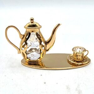Mascot USA  Austrian Crystal  24k Gold Plated Teapot  & Cup Saucer on Gold Tray
